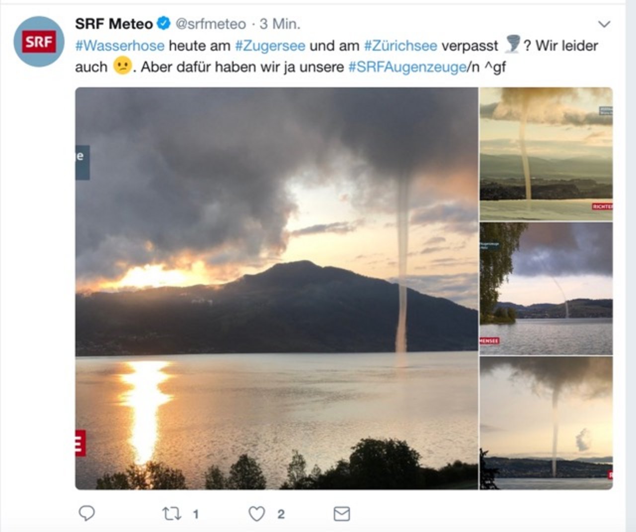 SRF Meteo berichtet auf seinem Twitter-Kanal über das Phänomen der Wasserhosen. (Bild Screenshot SRF Meteo/Twitter)