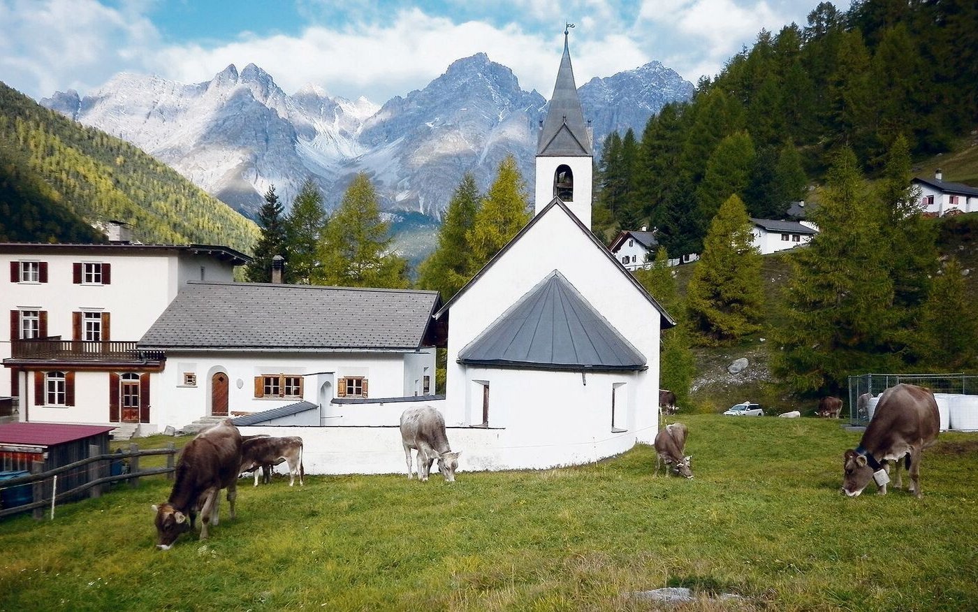 Weide in S-charl vor der Kapelle aus dem 12. Jahrhundert auf 1810 m ü. M.