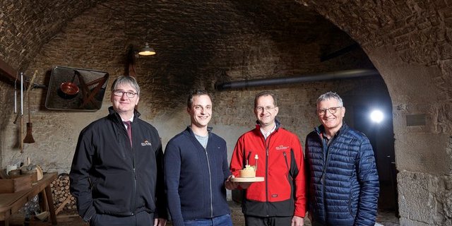 Jacques Gygax, Präsident der Interprofession Tête de Moine, Menno Amstutz, Fromagerie Amstutz SA, Olivier Isler, Geschäftsführer der Interprofession Tête de Moine und Gabriel Juillerat, Promotion Bellelay SA (v.l.n.r.). (Bild Tête de Moine)