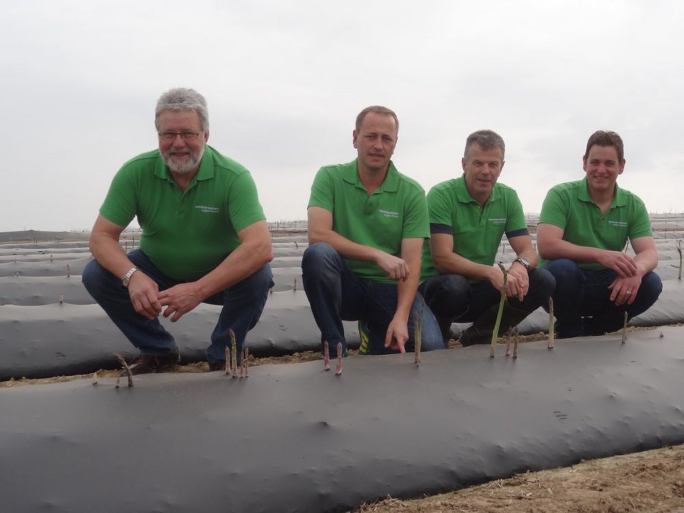Die vier siegreichen Spargelproduzenten (v. l. n. r.) Jakob Schwab, Christian Dick, Urs Johner und Christian Hurni laden an diesem Wochenende zum Spargelfest nach Kerzers. (Bild: Helen Zesiger)