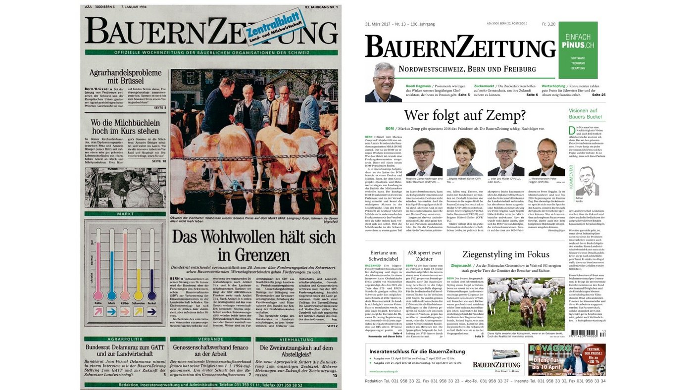 Ruedi Hagmanns erste BauernZeitung (Januar 1994) und seine letzte Ausgabe (März 2017): Vieles hat sich in der Landwirtschaft in dieser Zeit verändert. Einige Konstanten sind aber doch Konstanten. (Bilder BauZ)