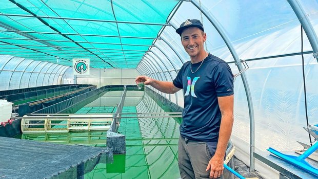 Mit regelmässigen Wasserproben stellt Robin Dorsaz sicher, dass die Spirulina wächst.