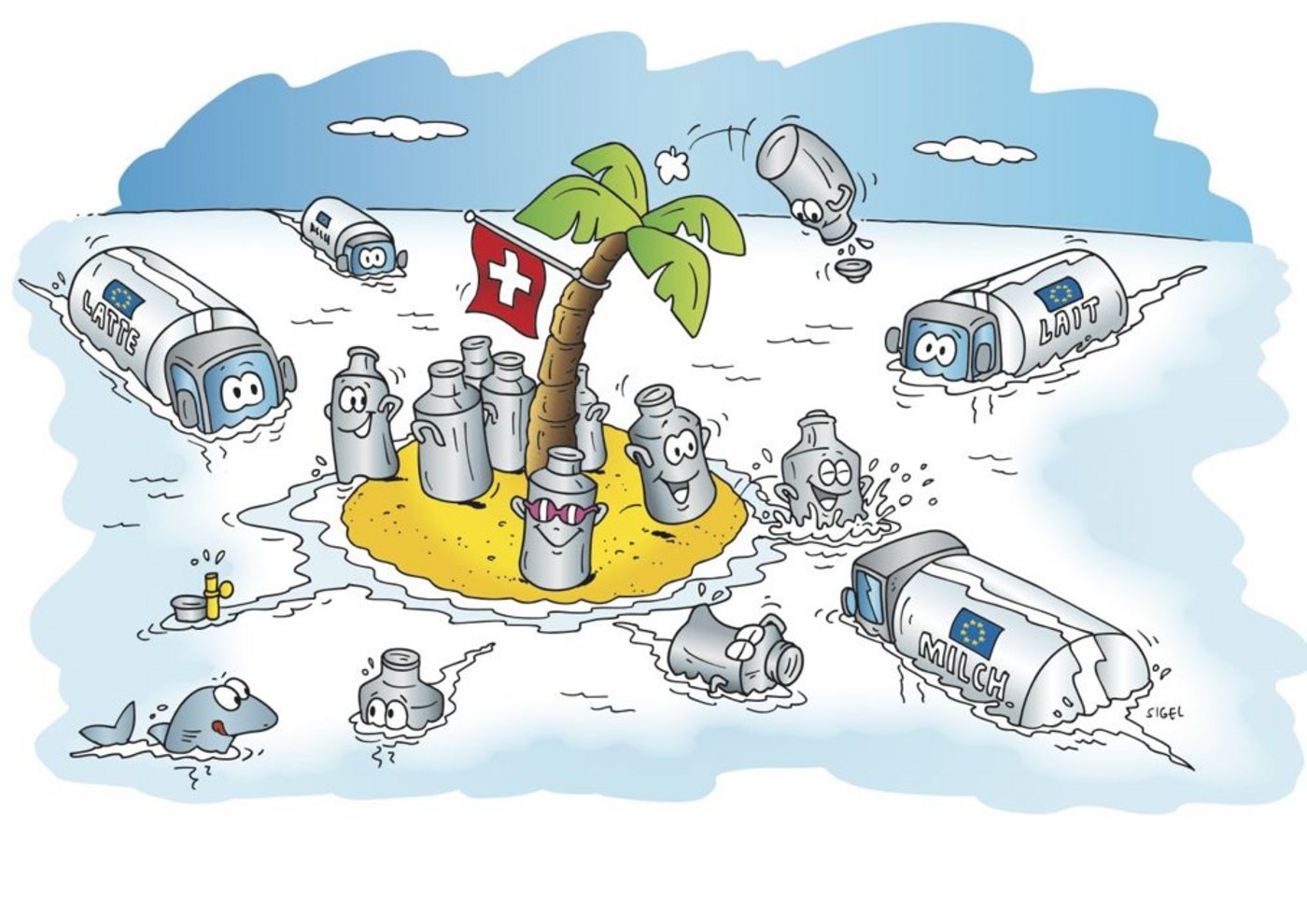 Versinkt die Insel Schweiz nach der Quotenaufhebung im europäischen Milchmeer? (Illustration: Sigel)