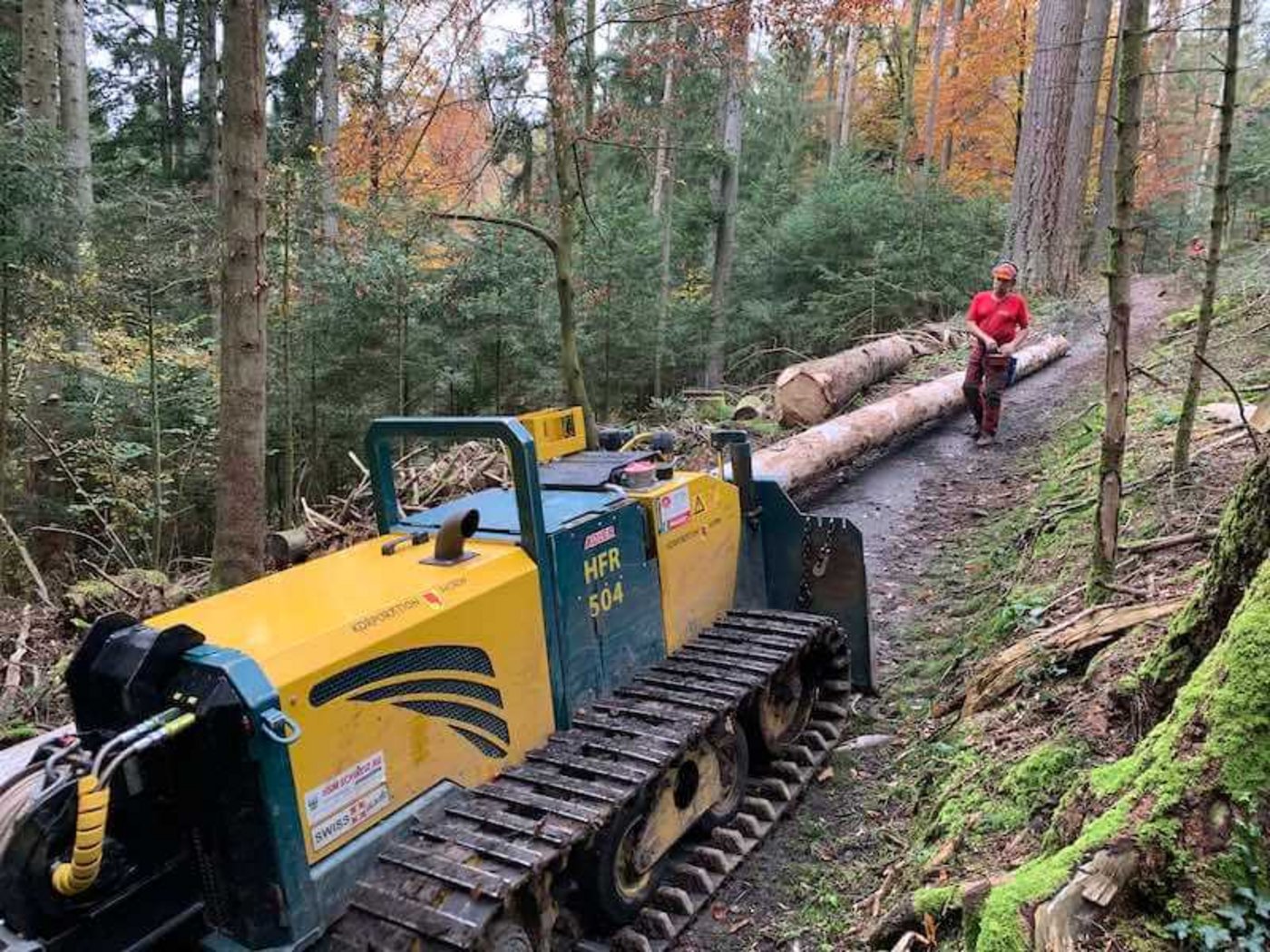 Mit dem ferngesteuerten Raupenschlepper mit Seilwinde können die Stämme auch auf schmalen Pfaden transportiert werden.