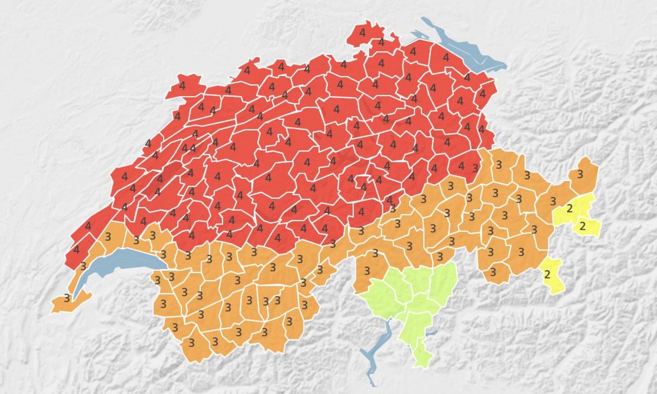 Meteo Schweiz beurteilt die Gefahr für weite Teile der Schweiz als "hoch" (Stufe 4). (Bild Meteo Schweiz)