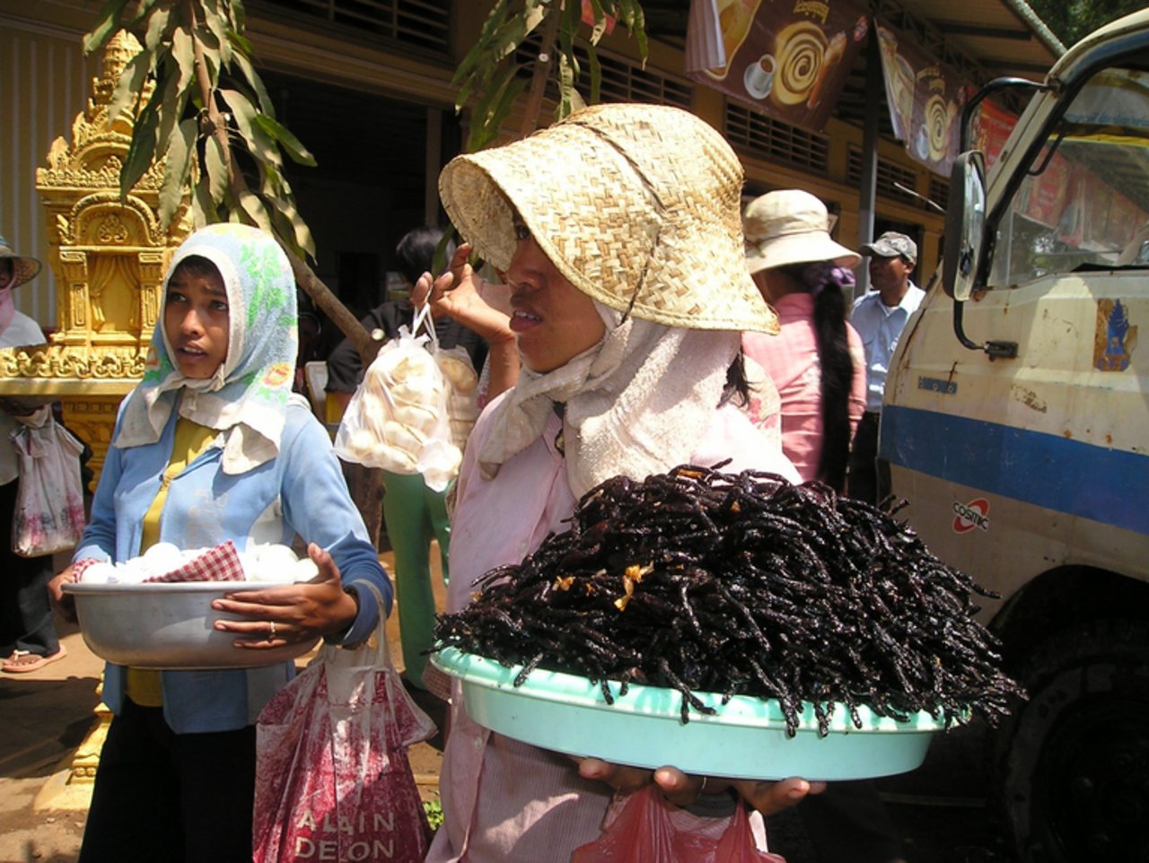 Ein Marktfrau bietet in Kambodscha Vogelspinnen an. Für 2 Milliarden Menschen gehören Insekten zur Ernährung dazu. (Bild Simon Steinberger/Public Domain)