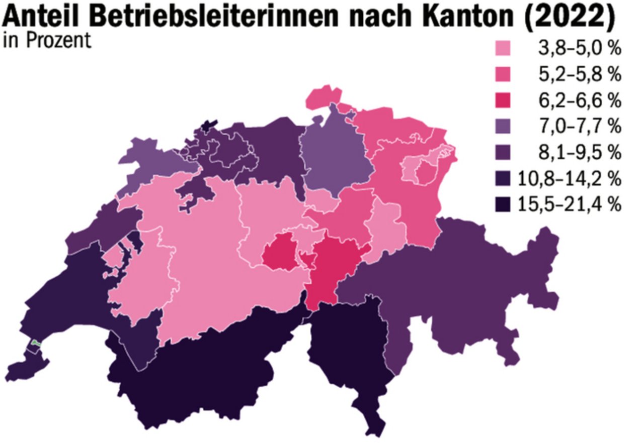 Beim Anteil Betriebsleiterinnen nach Kanton liegen die Romandie, das Tessin, Graubünden und allgemein eher Grenzregionen vorn. 