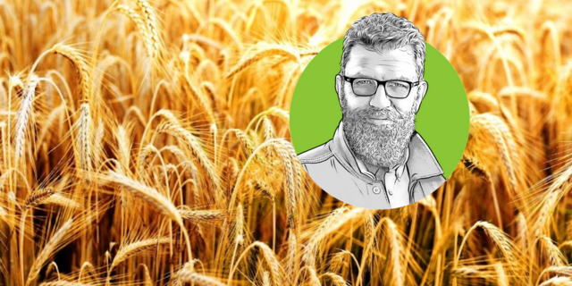 Porträtzeichnung von «die grüne»-Chefredaktor Jürg Vollmer vor einem eizenfeld.