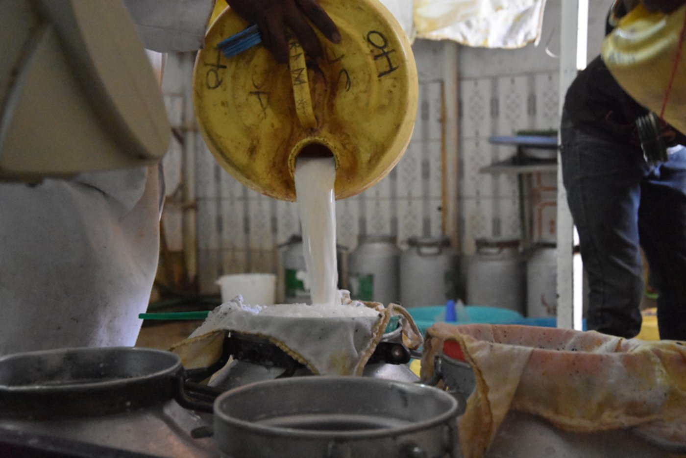 Die in der Molkerei ankommende Milch wird in einen Kühltank oder andere Container umgeschüttet.