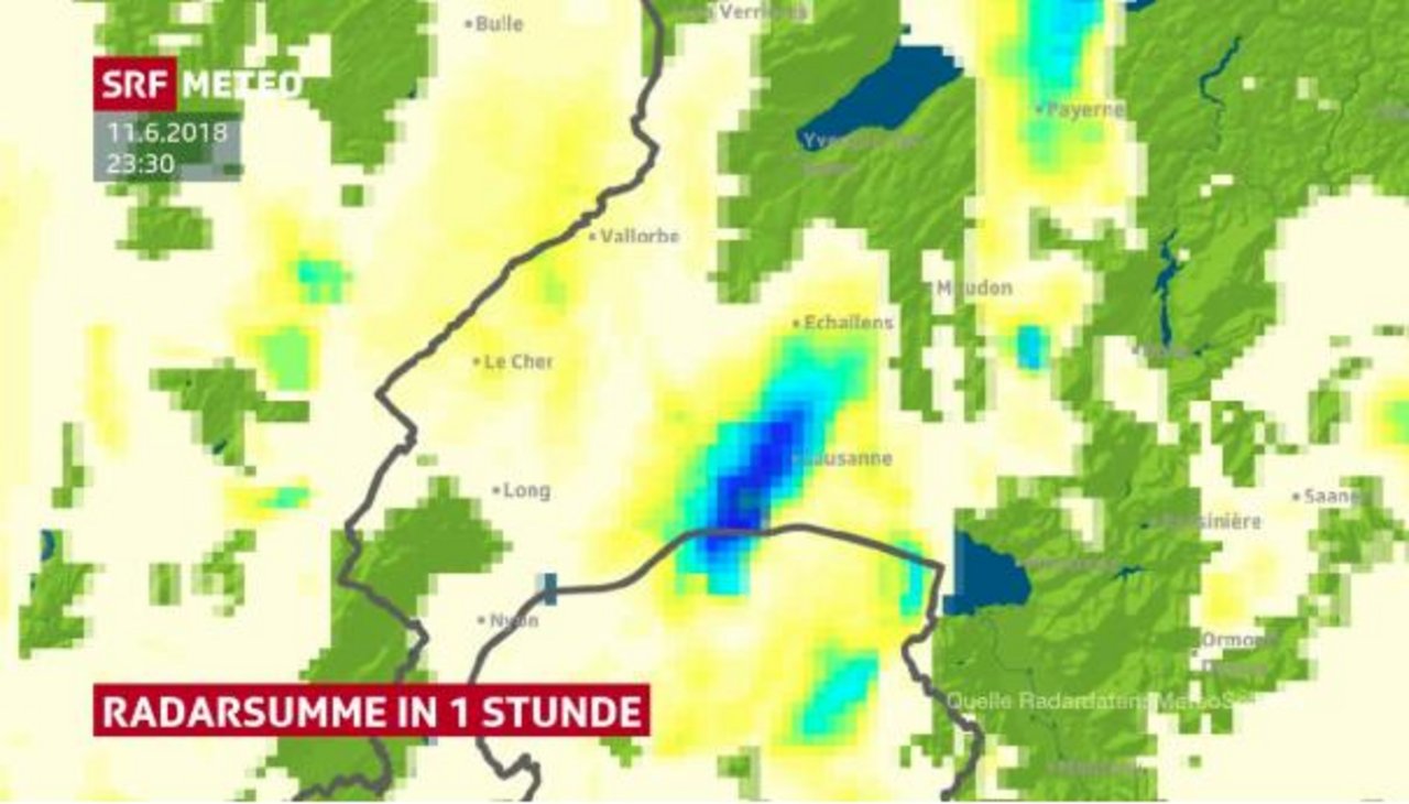 Um 23 Uhr fielen in Lausanne in nur 10 min 41.1 mm. (Screenshot SRF)