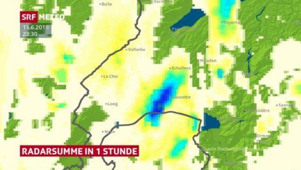 Um 23 Uhr fielen in Lausanne in nur 10 min 41.1 mm. (Screenshot SRF)