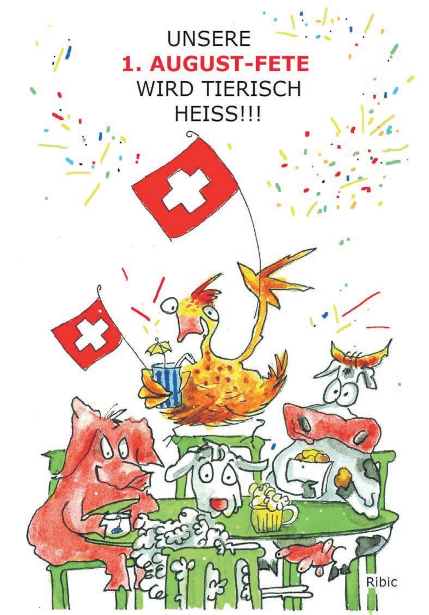 Ob die Tiere dem 1.-August-Brunch viel abzugewinnen vermögen, ist wissenschaftlich nicht untersucht. Unsere neue Karikaturistin Christine Ribic ist optimistisch.(Karikatur Christine Ribic)