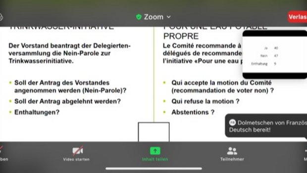 Bio Suisse verschiebt Parolenfassung zur Trinkwasser-Initiative, klares Ja zum Pestizidverbot 47 Nein zu 40 Ja: Die Bio-Suisse-Delegierten beschliessen am Mittwochvormittag via Zoom-Meeting, dass sie die Nein-Parole des Vorstands zur TWI nicht unterstützen. (Bild Screenshot)
