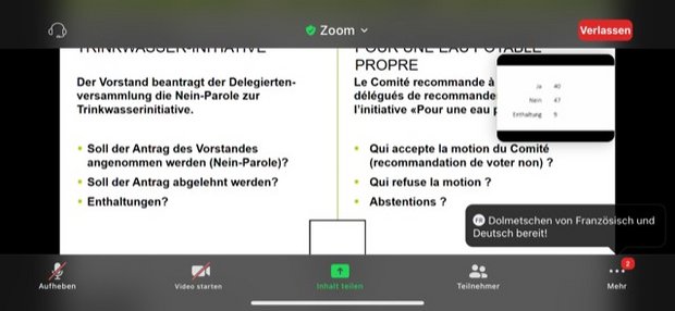 47 Nein zu 40 Ja: Die Bio-Suisse-Delegierten beschliessen am Mittwochvormittag via Zoom-Meeting, dass sie die Nein-Parole des Vorstands zur TWI nicht unterstützen. (Bild Screenshot)