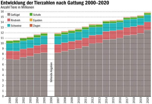Landwirtschaft in Zahlen: Geflügel auf dem Vormarsch Der Geflügelbestand hat in der Schweiz in den letzten 20 Jahren kontinuierlich zugenommen. (Daten agristat/Grafik mi)