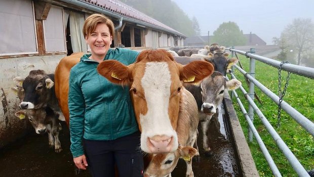 Kathrin Niemetz mit ihrem Liebling «Frau Stucki», einer F1-Limousin-Kuh. Sonst besteht ihre Mutterkuhherde aus Grauvieh, das sie zum grössten Teil selber gezüchtet hat. (Bilder Esther Thalmann)