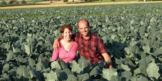 Christina und Markus Brunner in ihrem Broccolifeld. Der gute Boden rund um den Betrieb eigent sich für Gemüsekulturen. (Bild: Ursina Berger-Landolt)