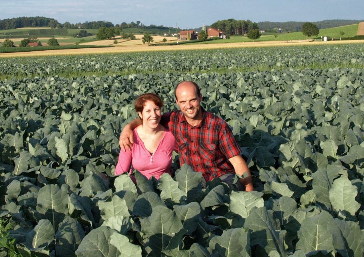 Christina und Markus Brunner in ihrem Broccolifeld. Der gute Boden rund um den Betrieb eigent sich für Gemüsekulturen. (Bild: Ursina Berger-Landolt)