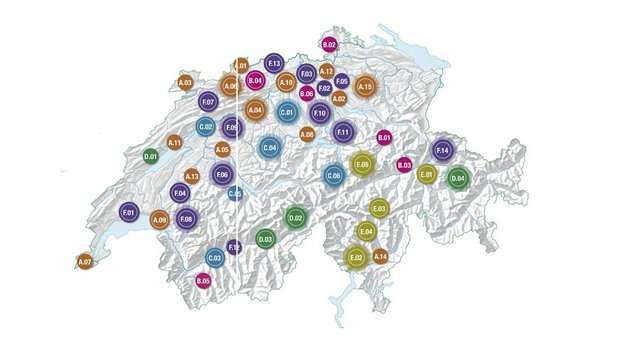 Die Klimawandel-Karte zeigt die land- und forstwirtschaftlichen Projekte in pinker und grüner Farbe. (Bild Bafu)