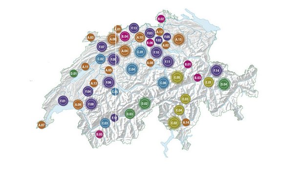 Die Klimawandel-Karte zeigt die land- und forstwirtschaftlichen Projekte in pinker und grüner Farbe. (Bild Bafu)