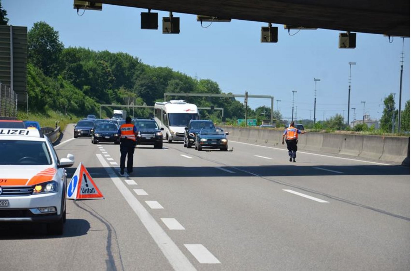 Tierischer Einsatz für die Polizisten der Kantonspolizei Basel-Landschaft: Eine Entenfamilie hat sich auf die A2 verirrt. (Bild Kapo BL)