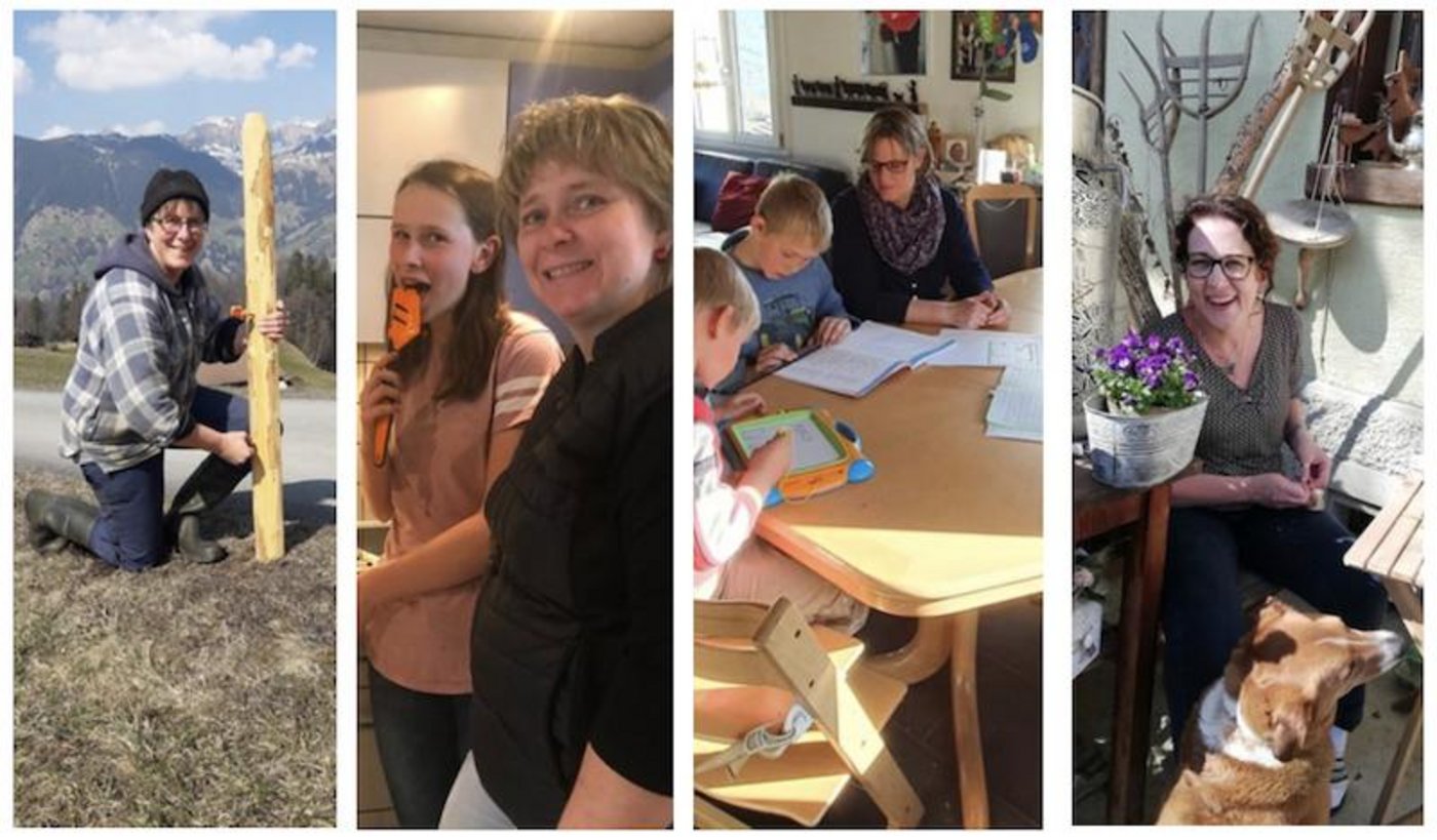 Draussen, in der Küche, im improvisierten Schulzimmer oder im Garten – die Bäuerinnenpräsidentinnen wissen sich zu beschäftigen. (Bilder zVg / Montage jsc)