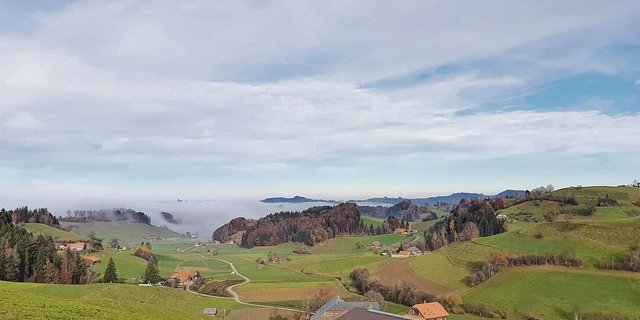 Die Dorfmatten erstrecken sich südlich von Schwarzenburg BE in Richtung Guggisberg BE. Rechts im Bild ist der Dorfbach ersichtlich. Die umliegende Region und auch das Dorf waren früher häufig von Hochwasser und Überschwemmungen betroffen. Das Bild wurde Ende November 2021 aufgenommen.