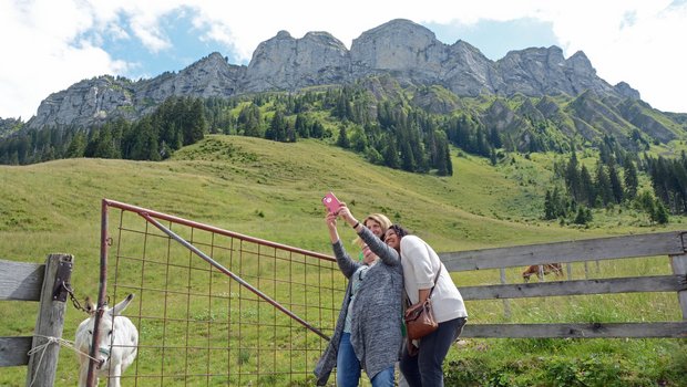 Die amerikanischen Gäste nutzen die atemberaubende Kulisse auf der Alp Äbnistetten für Selfies. (Bilder Andrea Gysin)