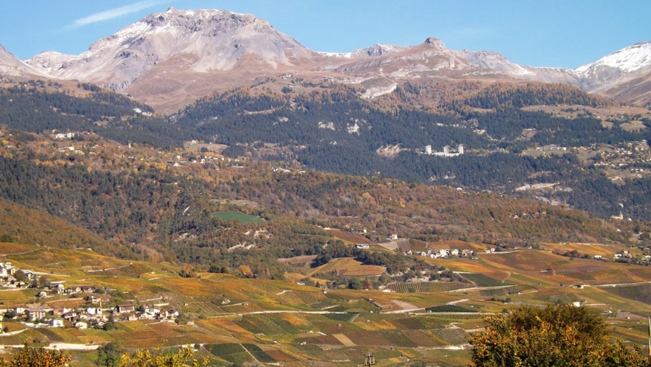 Sechs Beispiele für Landschaftsqualität: Noble Contrée Rebbau am Hang im Wallis, Dörfer am Hang, Maiensässe und Alpbetriebe. (Bild: Laura Clavien)