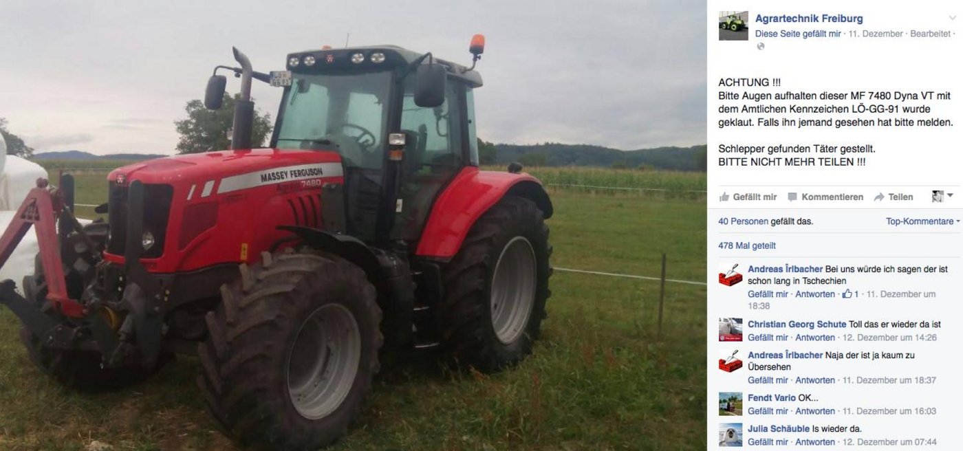 Der Facebook-Aufruf zeigte Wirkung: Der MF 7480 Dyna VT ist wieder zurück auf dem Hof des Besitzer. (Bild Screenshot Facebook-Page Agrartechnik Freiburg)