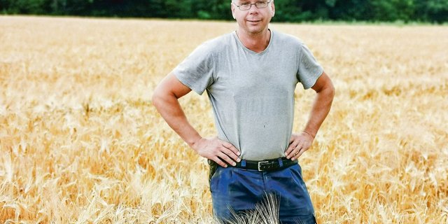 Markus Dietschi in seiner Gersten-Kontrollparzelle. Diese präsentiert sich analog der letzten Jahre. Anders sah es in der Versuchsparzelle aus. Sie war stark verunkrautet. (Bild sb)