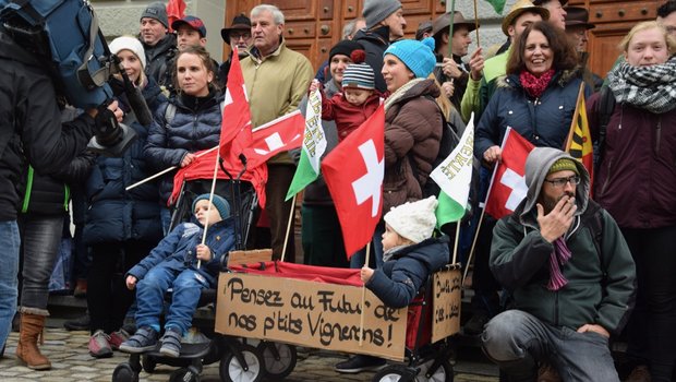 Die rund 200 Demonstranten reisten vor allem aus den Westschweizer Weinbaukantonen an. Auch die Kleinsten waren mit dabei. (Bilder jw)
