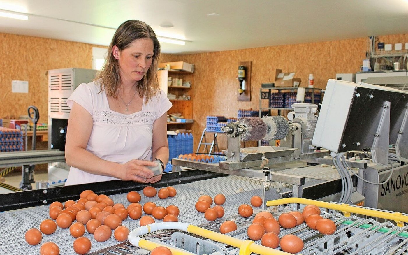 Patrizia Bamert sortiert täglich die Eier ihrer Legehennen. 