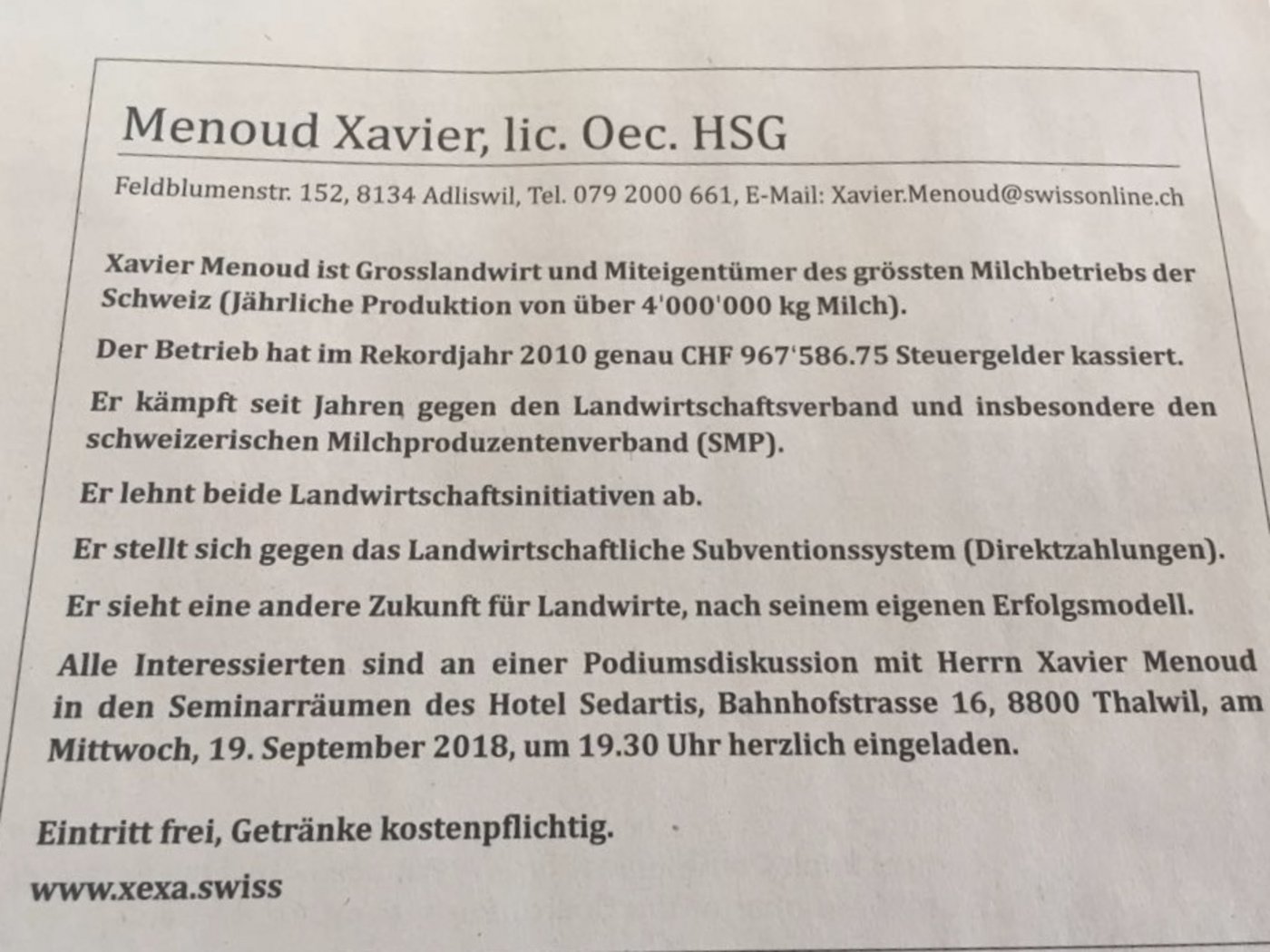Das Inserat von Xavier Menoud in der letzten Ausgabe der "NZZ am Sonntag". (Bild bk)