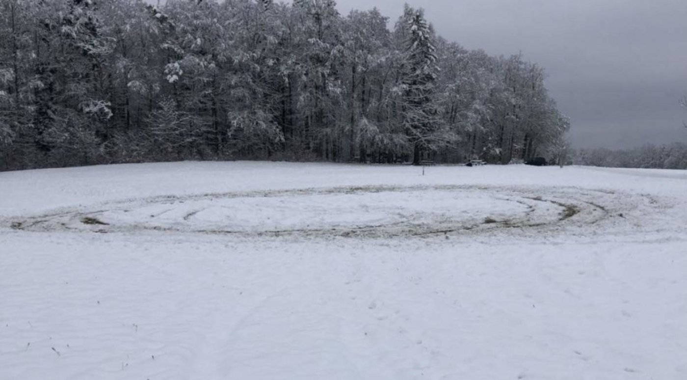 Durch das Driften eines Fahrzeugs auf einer schneebedeckten Trockenwiese wurden grosse Schäden verursacht. Die Schaffhauser Polizei sucht Zeugen. (Bild Schaffhausen Polizei)