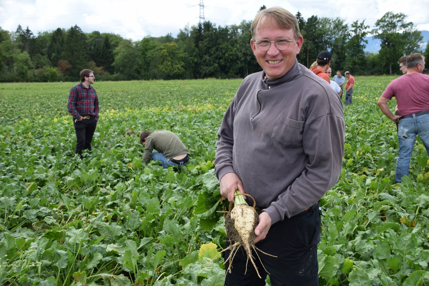 Auch Yves Gaillet von der KWS war am Flurgang dabei und zog gleich eine Modell-Rübe aus dem Acker. (Bild BauernZeitung/Sera J. Hostettler)