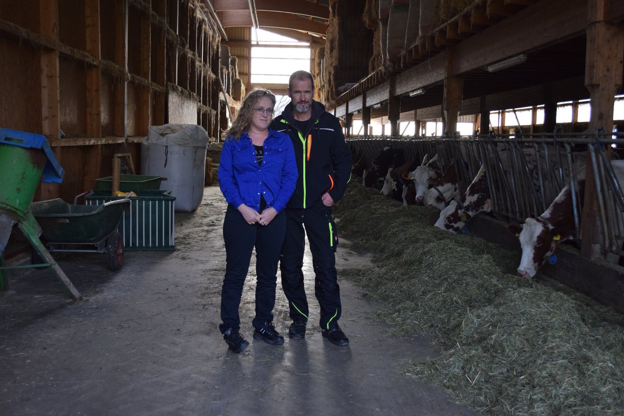 Vyolène und Romain Bapst in ihrem Stall in Autafond FR. 81 Kühe wurden positiv auf Salmonellose getestet, fünf davon mussten sie einschläfern. Nur langsam erholt sich die Herde wieder. (Bild Sabine Guex/Agri)