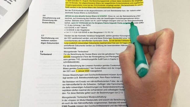 Suisse Bilanz Eine Hand hält einen grünen Leuchtstift und markiert Textpassagen in der Wegleitung zu Suisse Bilanz.