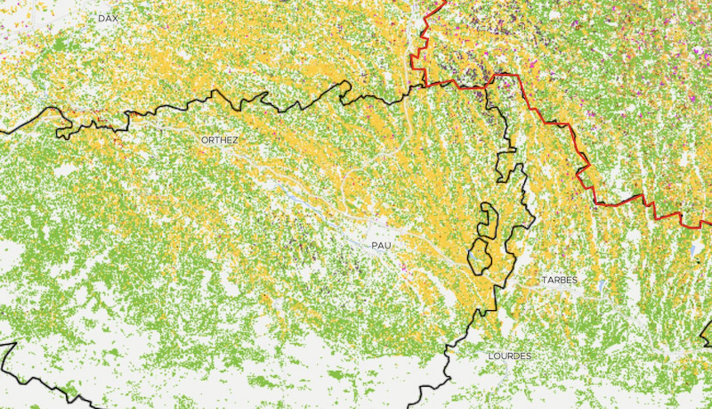 Gelb dargestellte Maisstreifen fallen hier in einer Region im Süd-Westen Frankreichs auf. 