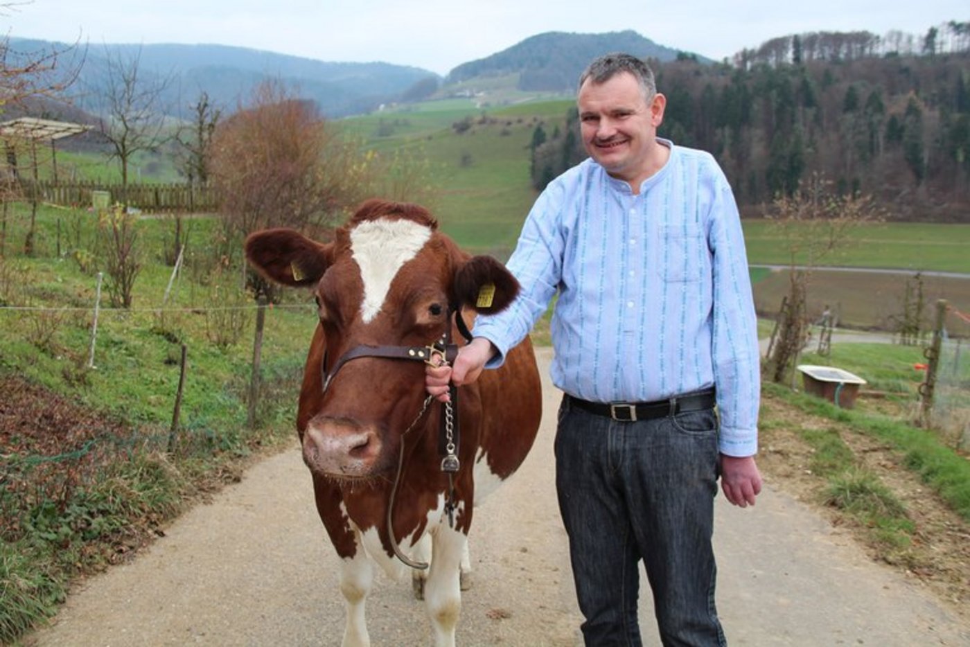 Andreas Haas mit seiner erfolgreichsten Kuh, der 14 Jahre alten Baccala Meril, der dritten 100‘000er-Kuh aus seinem Stall. (Bild Benildis Bentolila)
