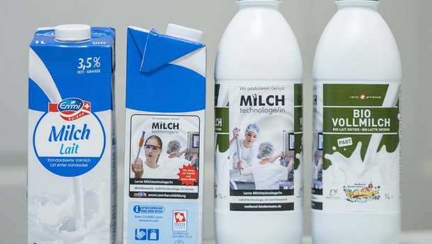 Auf Milchprodukten wird für den Beruf Milchtechnologe geworben. (Bild zVg)