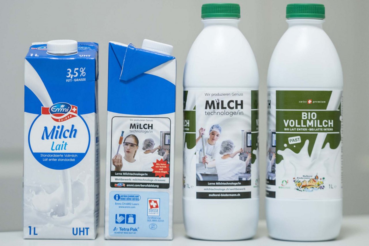 Auf Milchprodukten wird für den Beruf Milchtechnologe geworben. (Bild zVg)