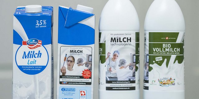 Auf Milchprodukten wird für den Beruf Milchtechnologe geworben. (Bild zVg)
