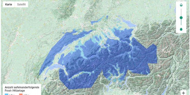 Die blau eingefärbten Stellen zeigen die Frosttage in Folge. (Bild Schweizer Hagel)