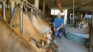 André Stalder im Stall bei seinen Jersey-Kühen. Neben Milchwirtschaft und Fleisch-Vermarktung bietet er auf seinem Hof Green Care an.