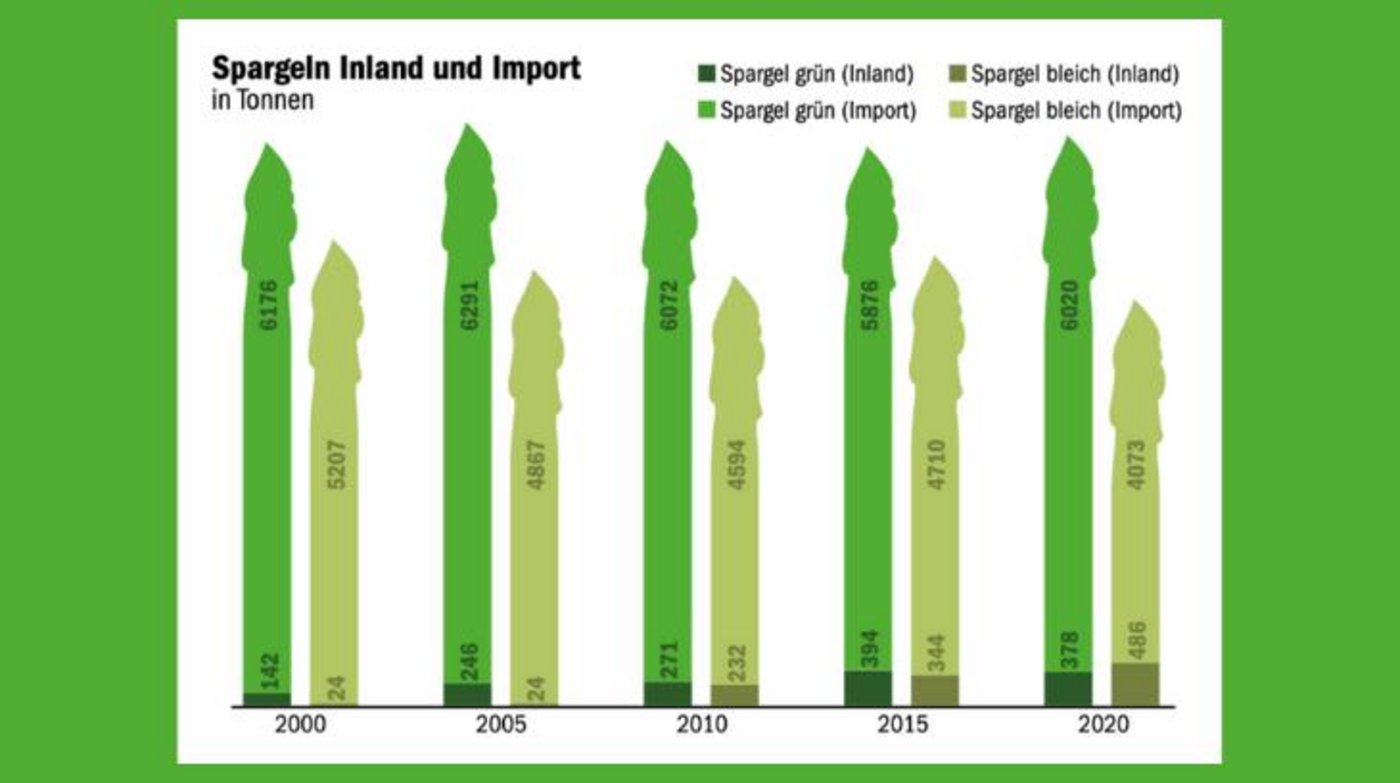 Bei Spargeln ist der Anteil aus Schweizer Produktion auf dem inländischen Markt generell klein. (Grafik mi/Daten SZG)