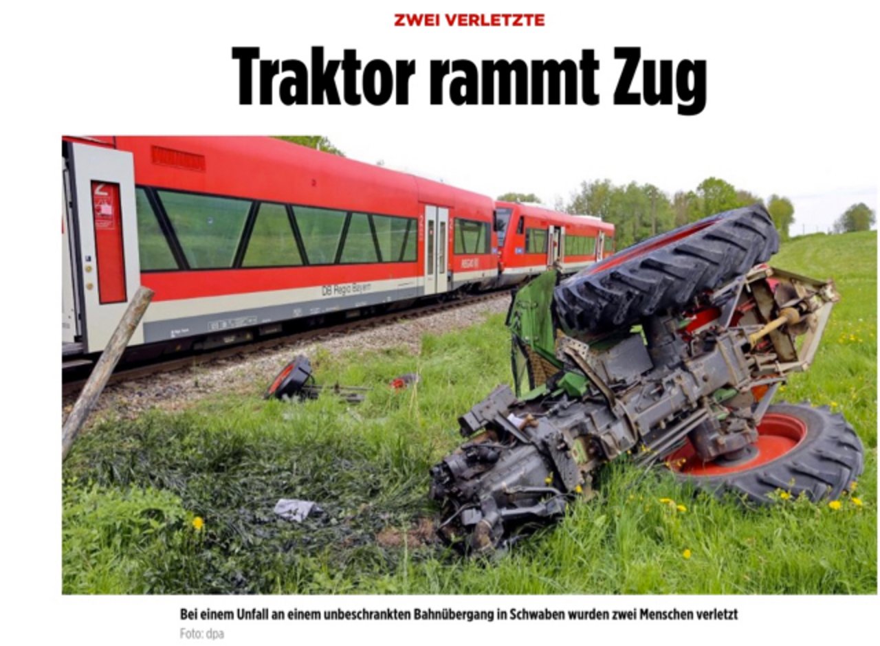 Der Traktor wurde bei der Kollision stark beschädigt. (Bild Screenshot bild.de)