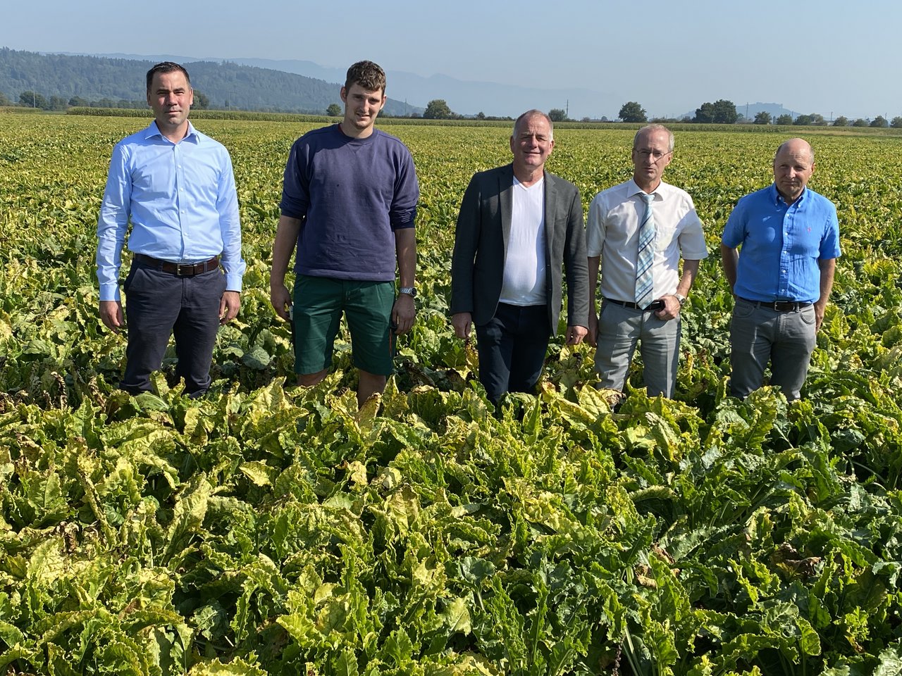 V. l. n. r.: Martin Rufer (Direktor Schweizer Bauernverband), Joël Rösch (Rübenpflanzer aus Hermrigen BE), Josef Meyer (SVZ-Präsident), Andreas Blank (Verwaltungsratspräsident Schweizer Zucker AG), Samuel Jenni (Schweizerische Fachstelle für Zuckerrübenanbau).