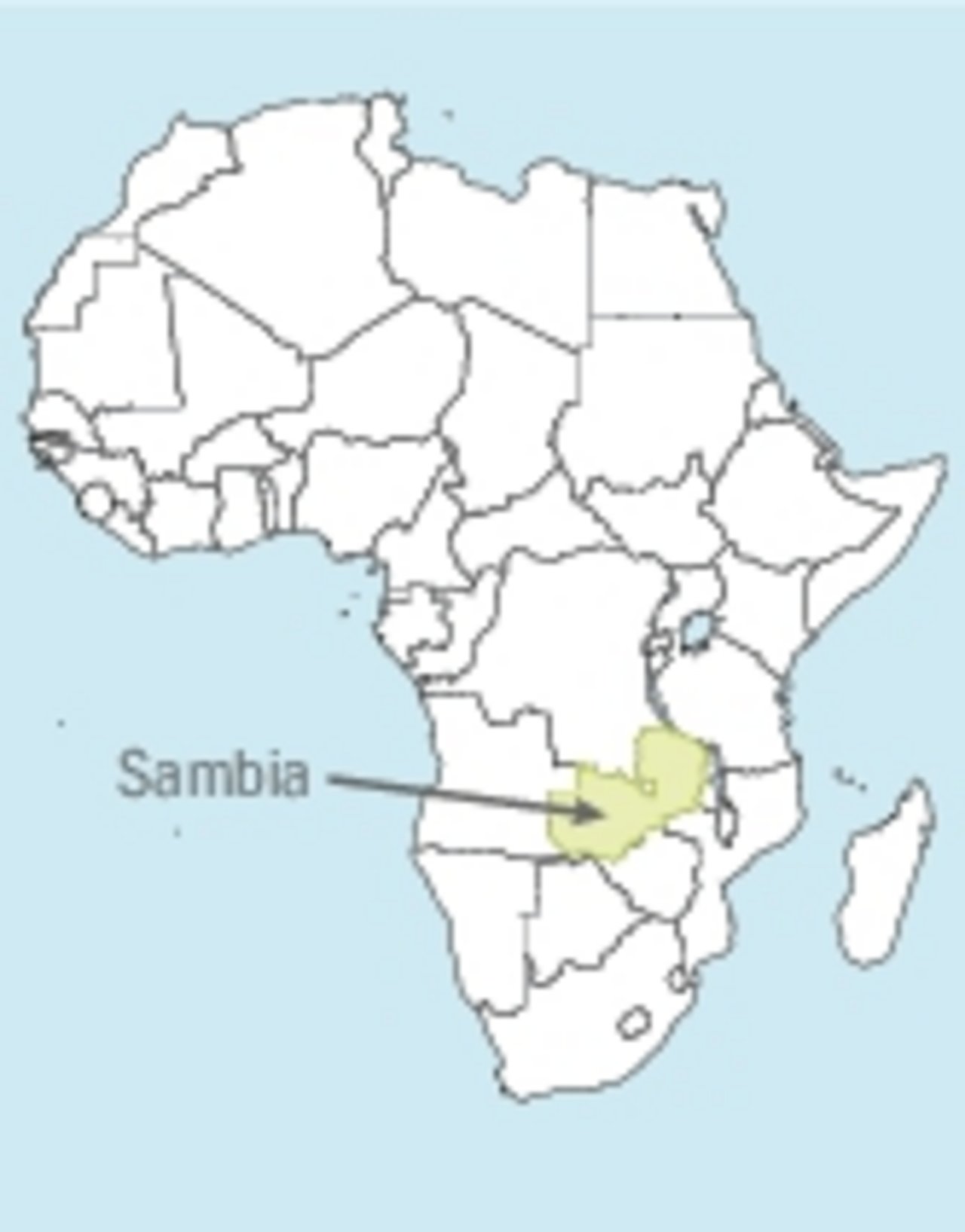Sambia liegt in Afrika in etwa auf der Höhe von Madagaskar.