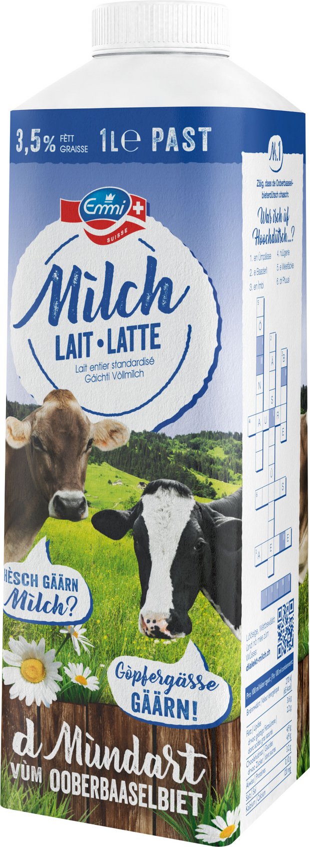 Drei Beispiele: Die Milchpackung in der «Mundart vom Ooerbaselbiet». (Bilder Emmi)